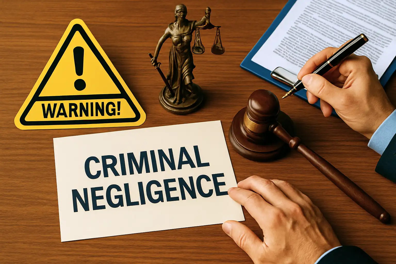 Gráfica de Negligencia Criminal que muestra un signo de advertencia, un mazo de juez y una estatua de la Justicia en un escritorio, con manos sosteniendo un papel que dice ‘NEGLIGENCIA CRIMINAL.
