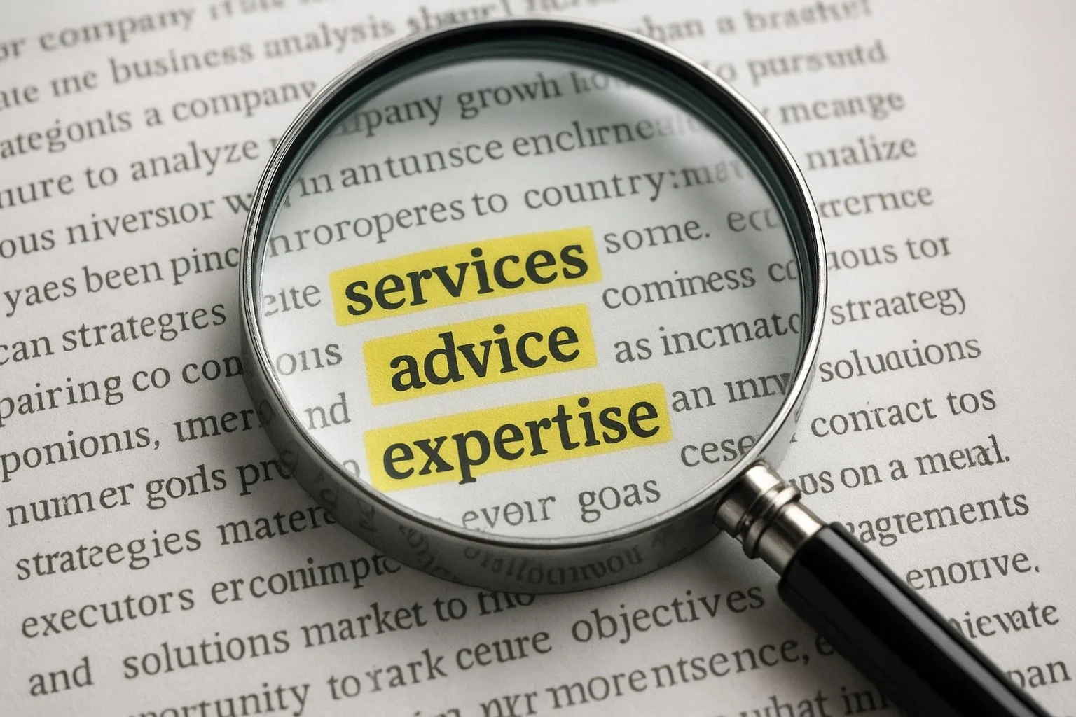 Magnifying glass hovering over a document with highlighted words like services, advice, and expertise, symbolizing business analysis.