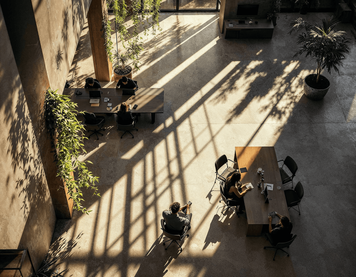 An Arial view of a mdoern workspace setting with natural plants and lighting