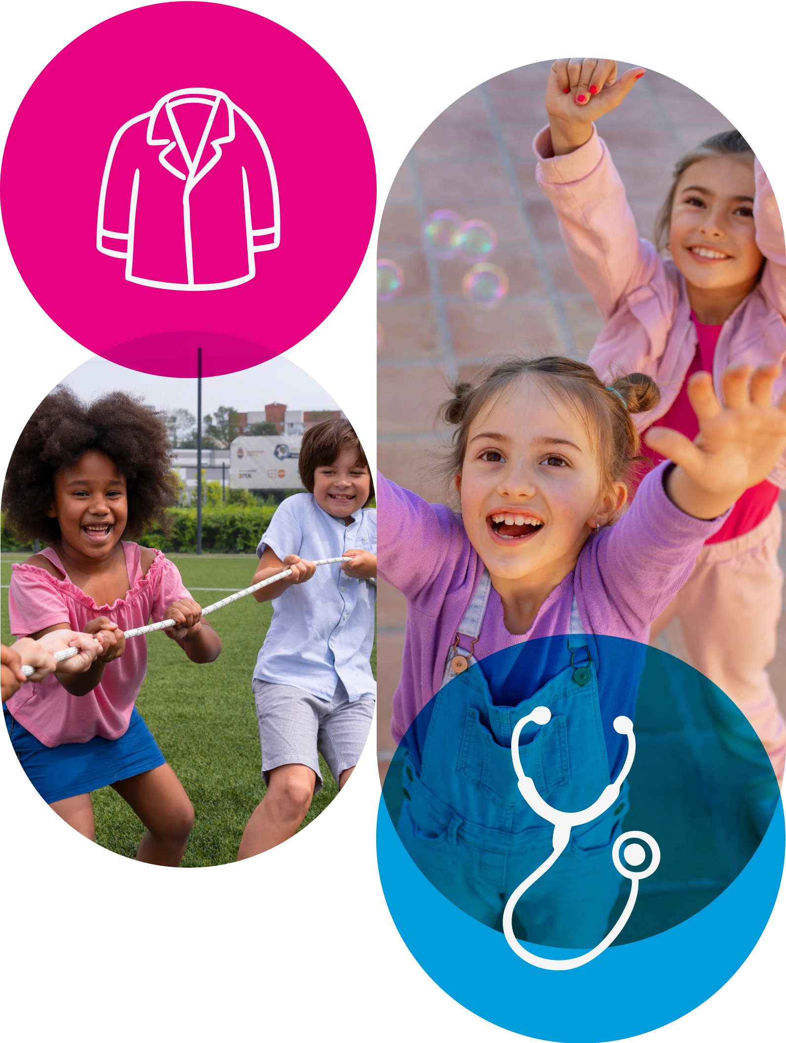 Montagem de três seções em círculo: a superior à esquerda é um ícone de jaleco médico em fundo rosa, a inferior à direita é um ícone de estetoscópio em fundo azul, e a seção central exibe três crianças alegres brincando (duas em cabo de guerra na grama e uma menina pulando com bolhas de sabão).
