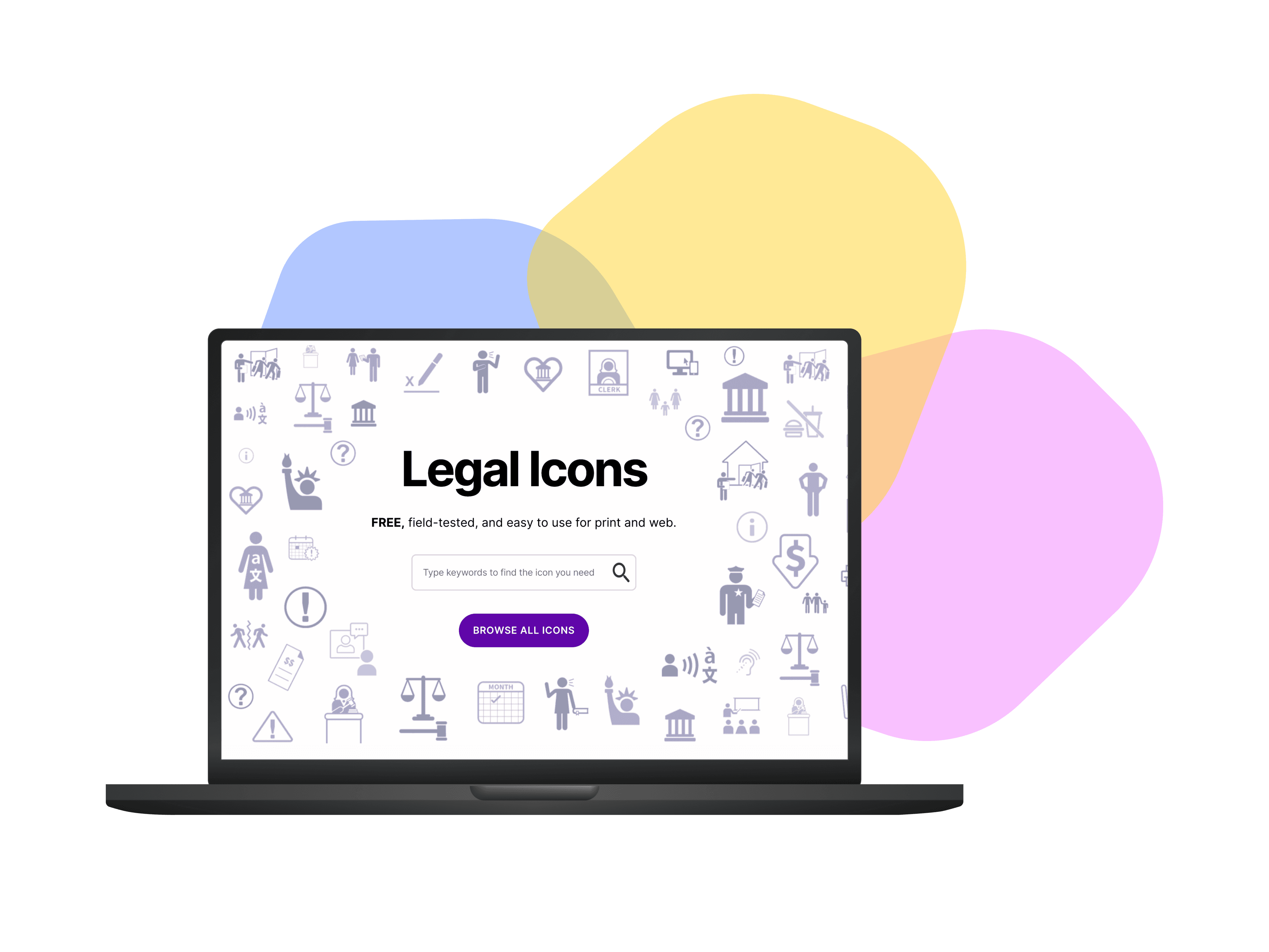 A mockup of the legal icons website on a laptop. Screen says Free, field tested and easy to user for print and web. Includes a search and browse option.