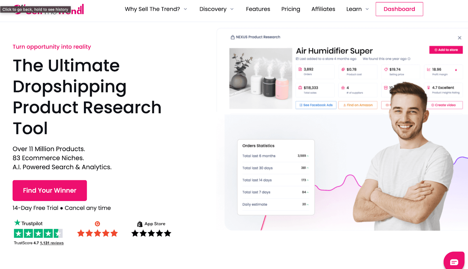 Sell The Trend NEXUS dropshipping product research tool dashboard