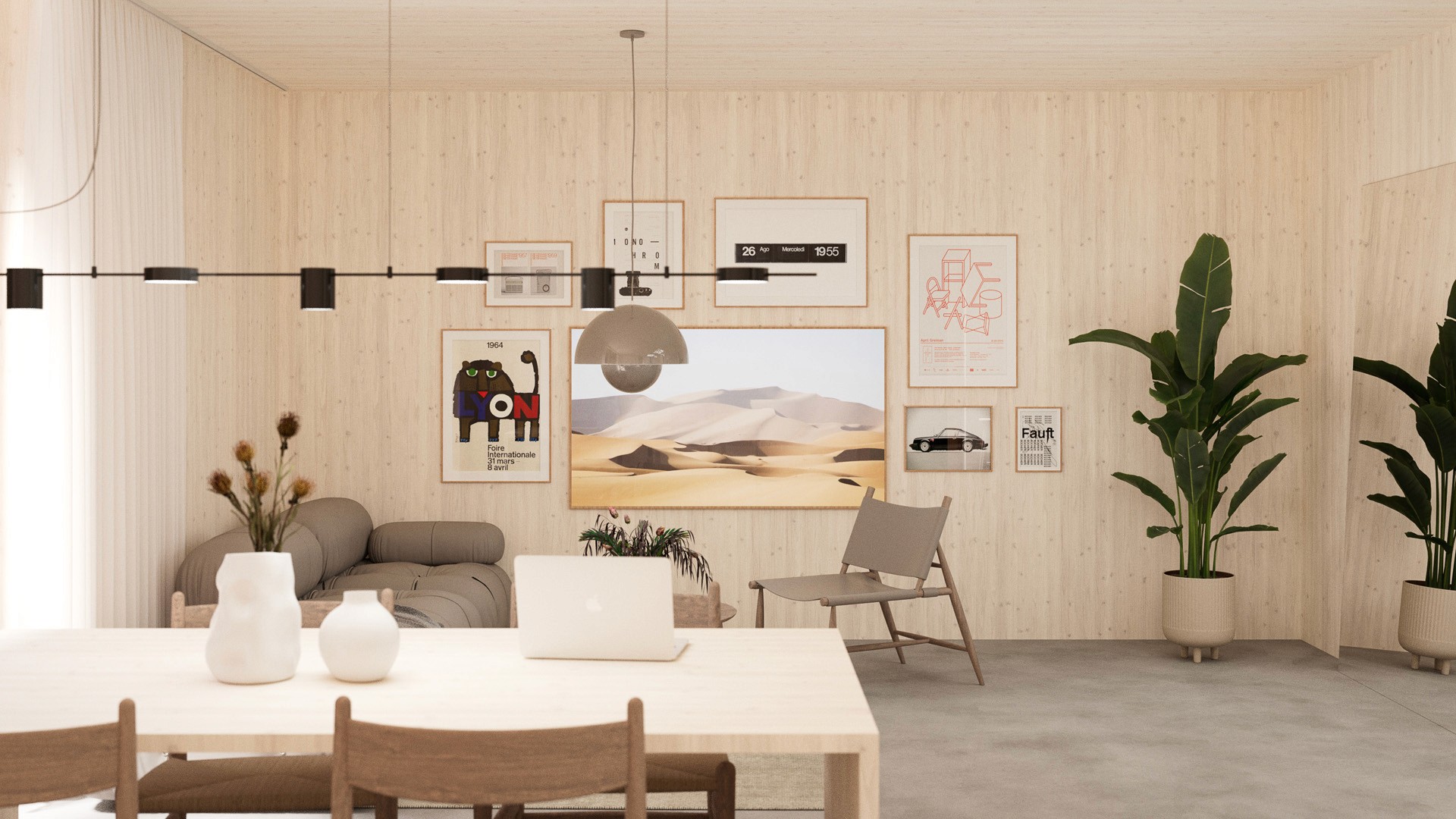 Dining space with framed artworks and integrated kitchen wall in birch plywood