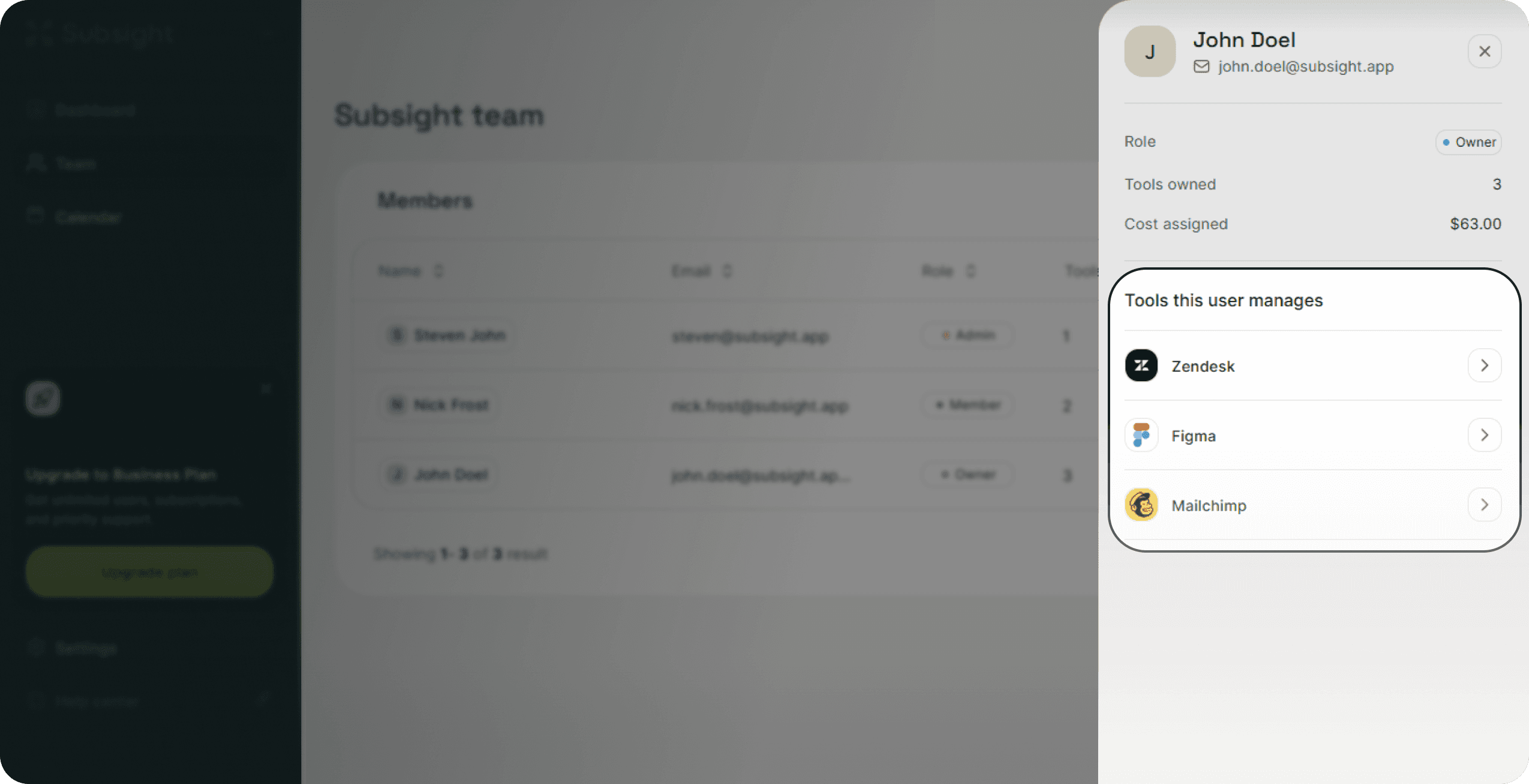 Subsight team member details panel showing assigned tools and total cost by owner.