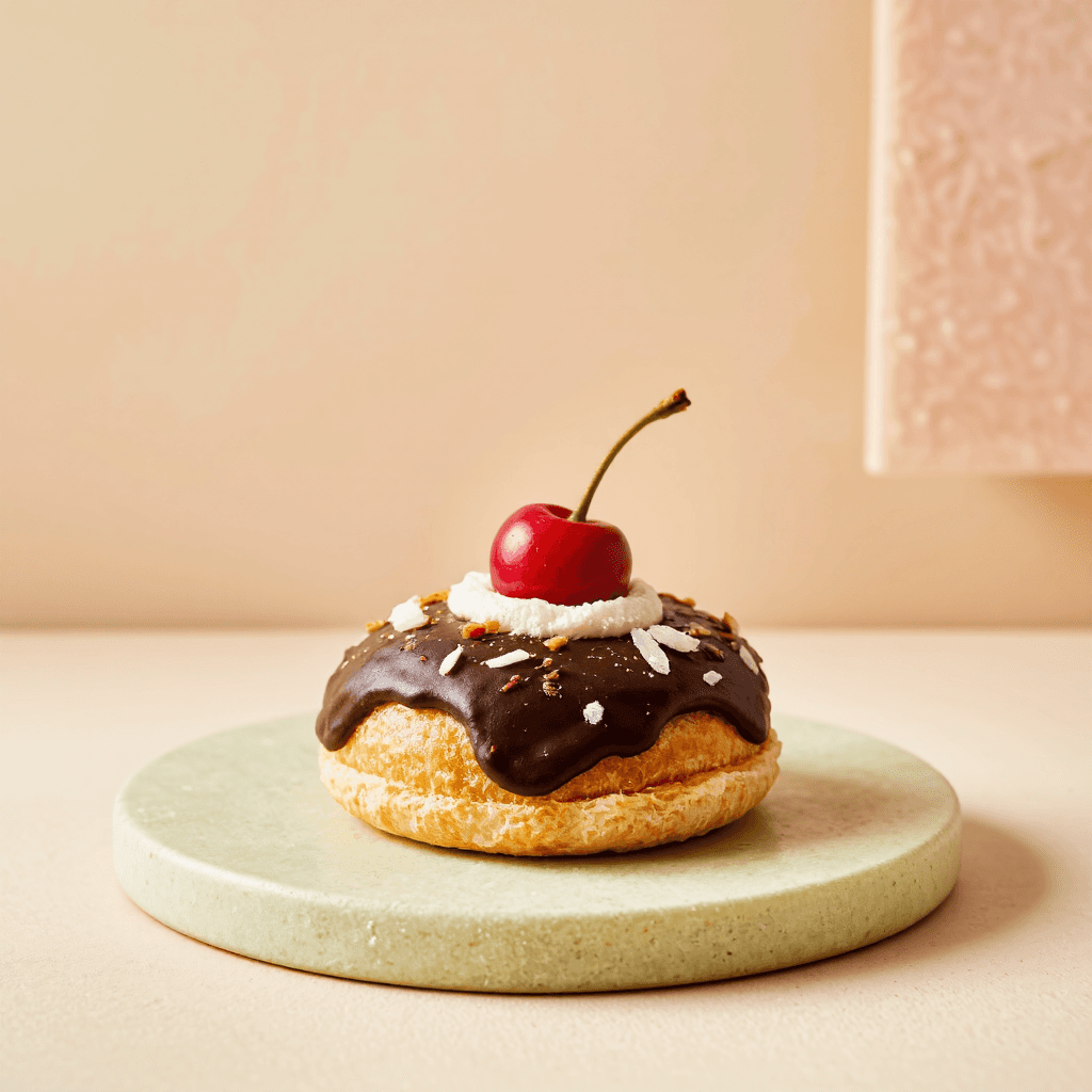 product photography of a round pastry with chocolate and cream filling