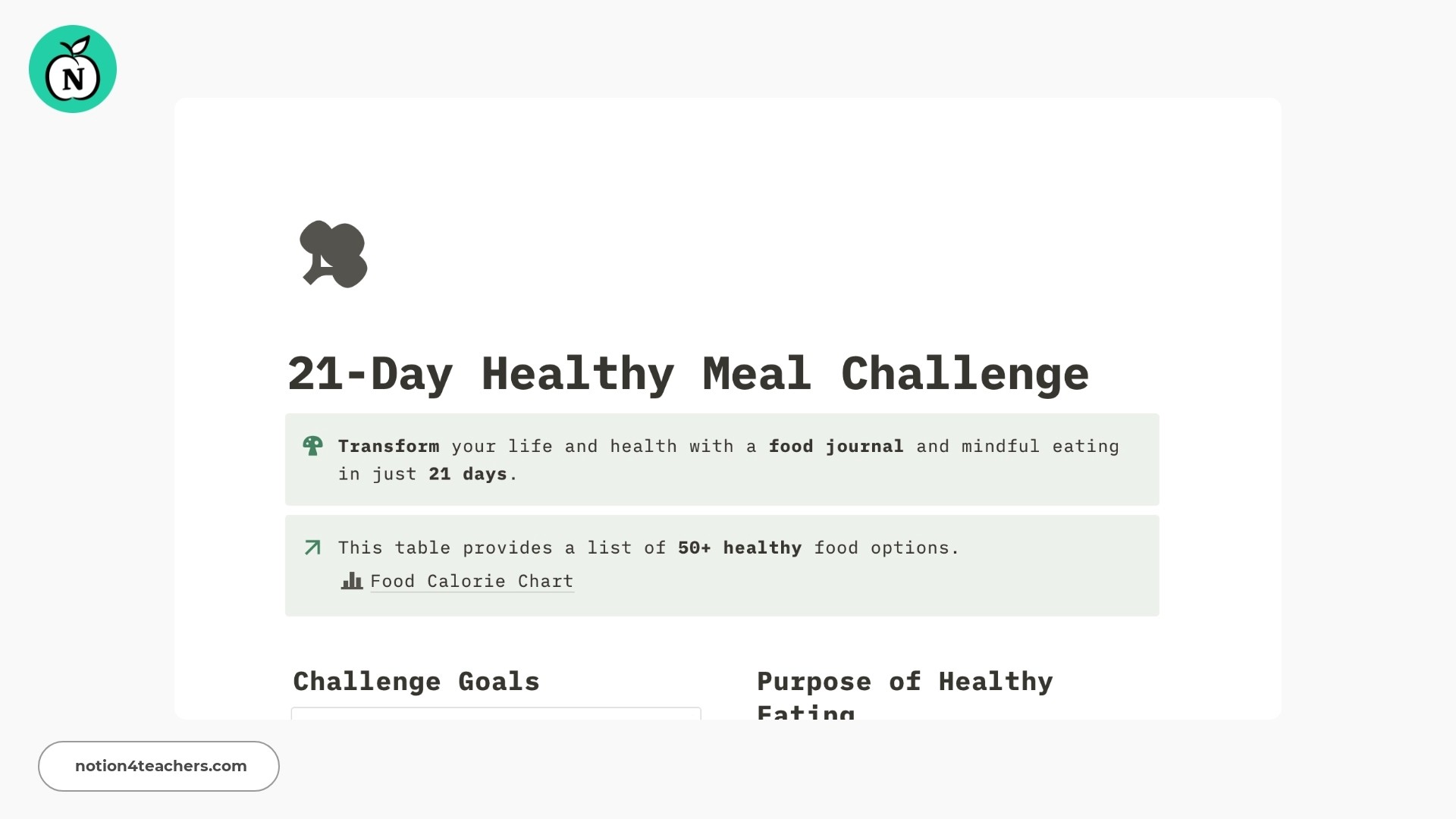 21 Day Healthy Meal Challenge Template by NotionGags