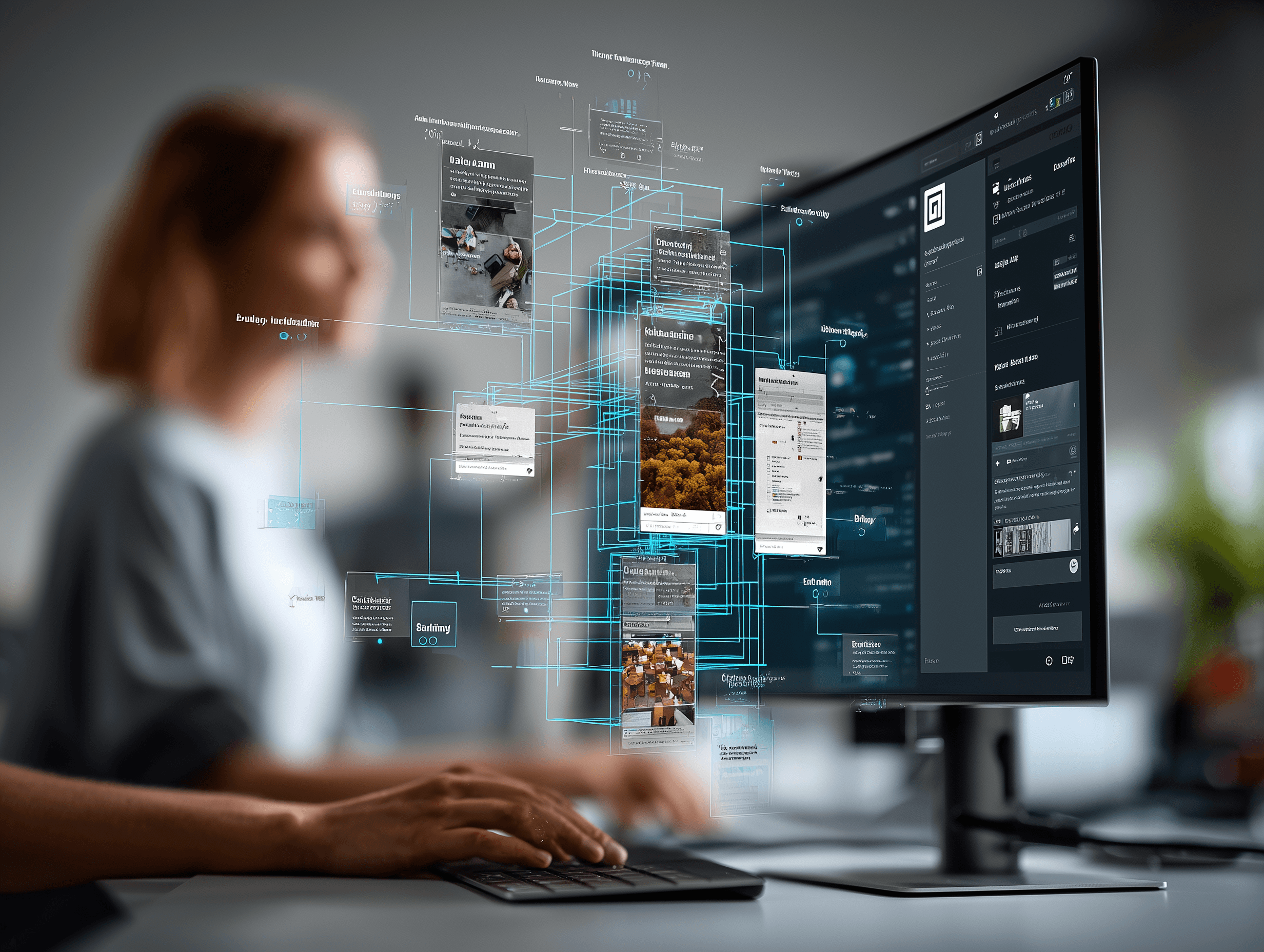 A futuristic digital workspace showing an AI agent interface at the center