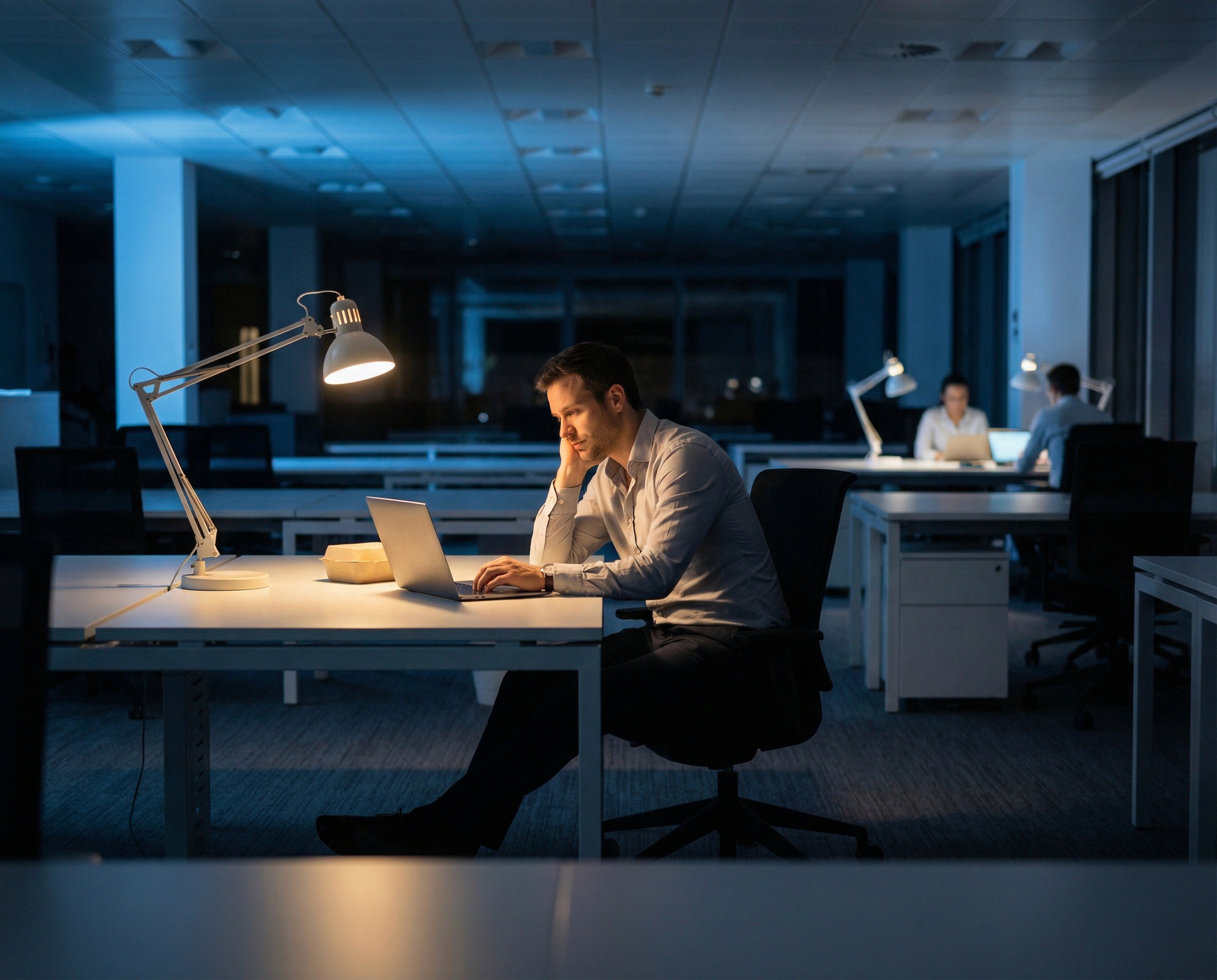 A senior associate in his early 30s sitting alone at a clean, modern hot desk in an open-plan consulting or law firm office at 8pm, laptop open, takeaway dinner container pushed to one side, working under the warm glow of a desk lamp while the rest of the floor is nearly empty — two or three other late workers visible at distant desks, each in their own pool of light. His posture is composed but tired: leaning on one elbow, reading his screen, the accumulated weight of a long day visible in how he holds himself