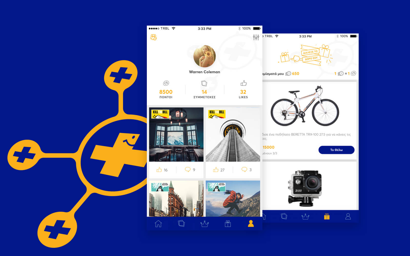The Positive App displaying user profile, points, and available rewards