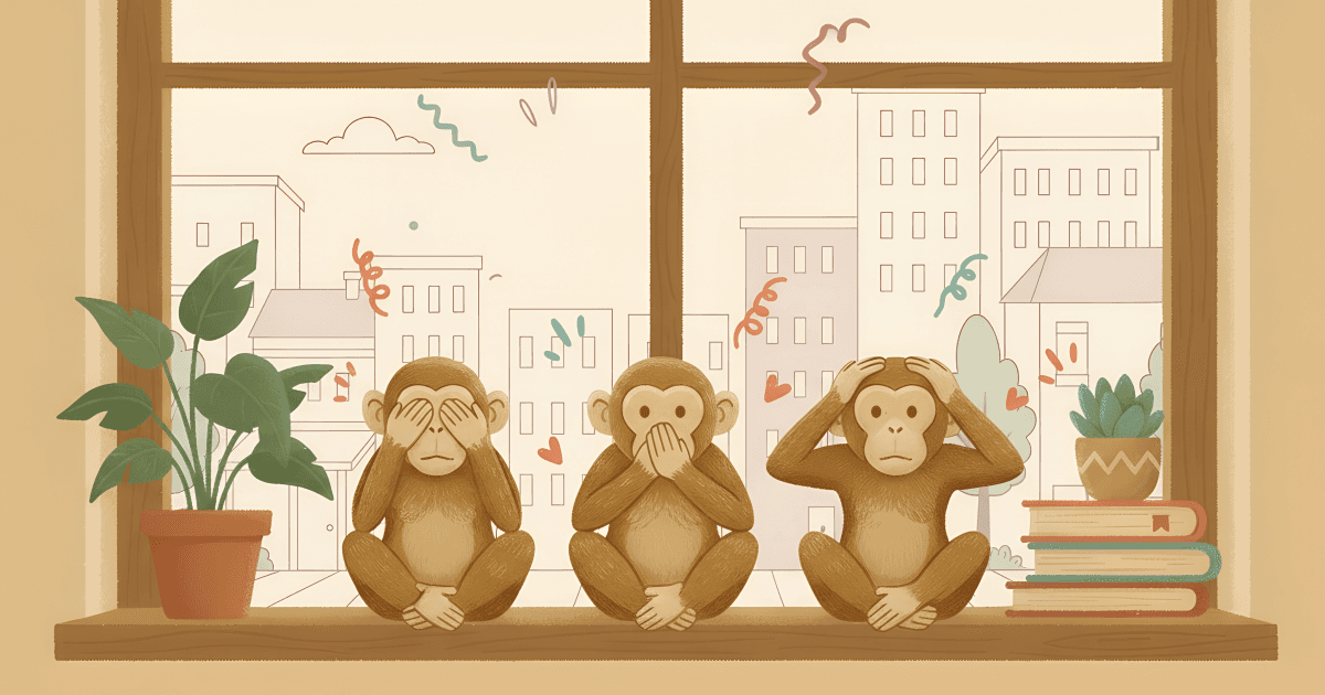 Illustrated three monkeys sitting in a row on a wooden windowsill in the classic see no evil, speak no evil, hear no evil poses. A potted plant on the left, a stack of books and a small succulent on the right. A city skyline visible through the window behind them. Hand-drawn doodle marks in coral and teal scattered in the sky. Warm cream background, flat painterly style, variable linework.
