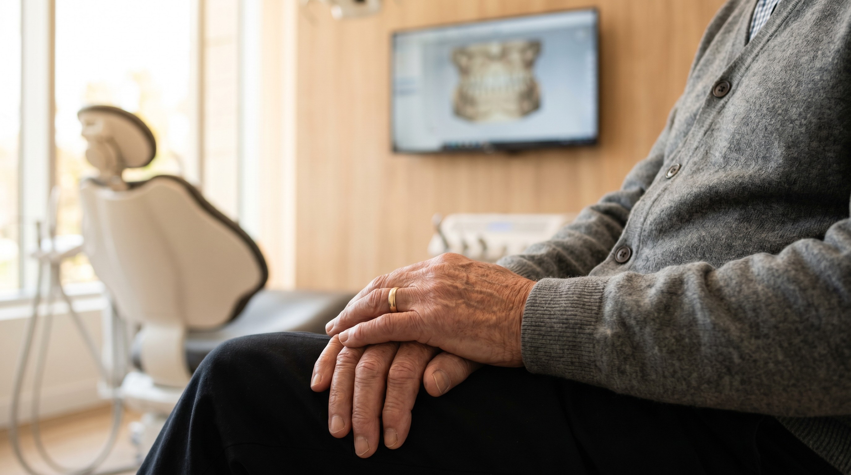 Older adult's folded hands resting in a dental consultation room with chair softly visible behind