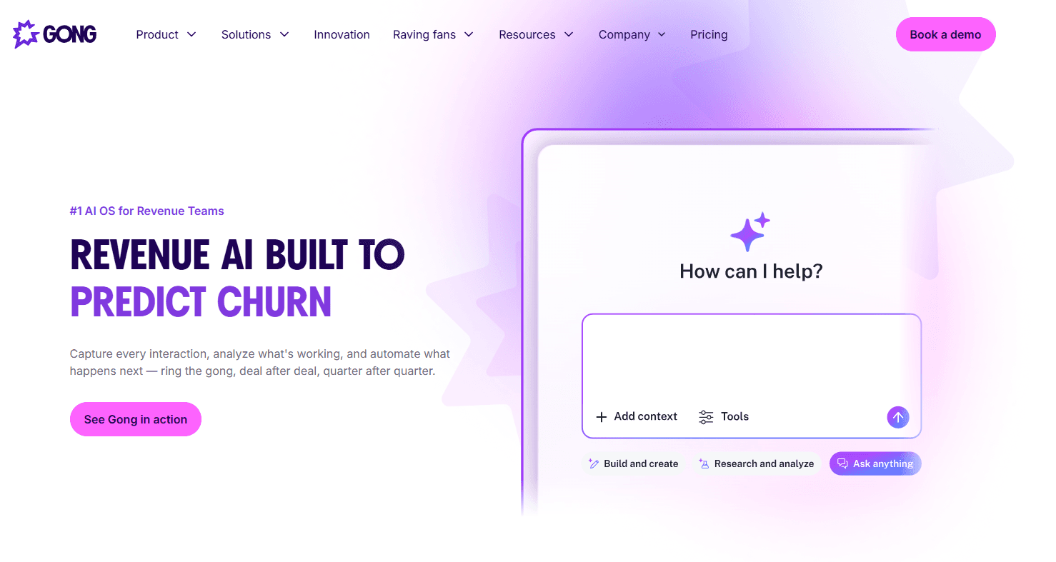 Gong Homepage showcasing a platform for conversation intelligence in pre-sales workflows.