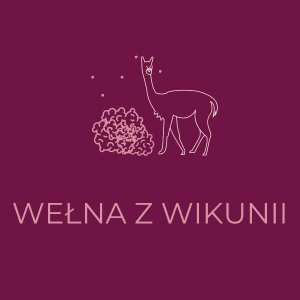 Minimalistyczny rysunek wikuni z krzewem na bordowym tle, symbolizujący wełnę z wikuni.