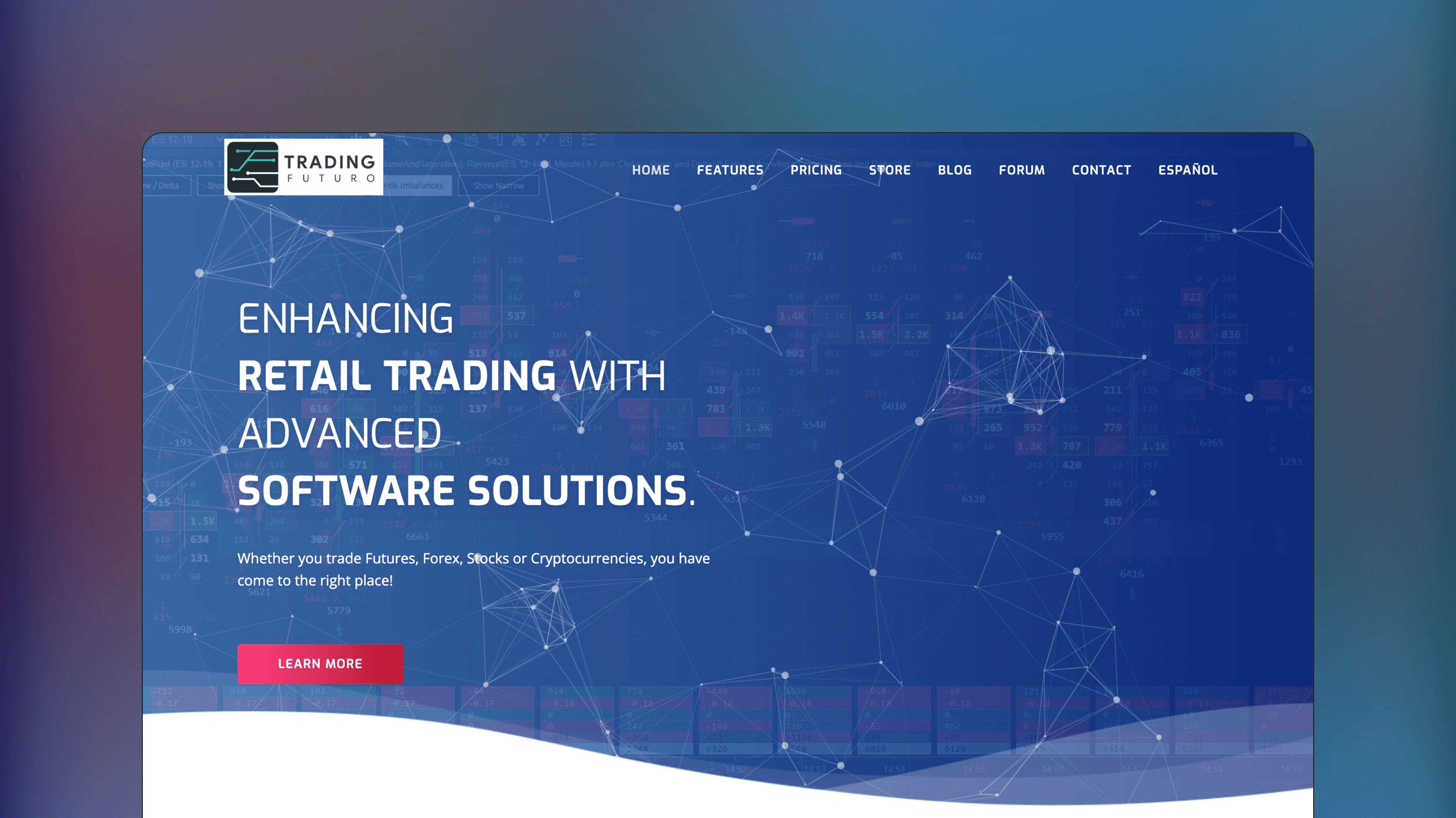 Website preview of PipFlow, technical analysis orderflow platform featuring footprint charts and volume delta indicators.