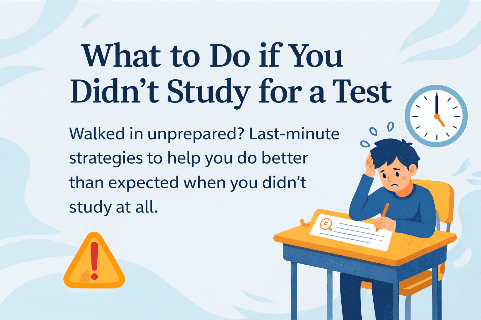 A minimalist poster that says What to Do if You Didn't Study for a Test, with a stressed student at a desk, clock, and warning icon.