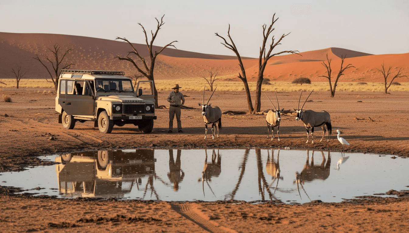 Fauna cerca de agua en safari Namib