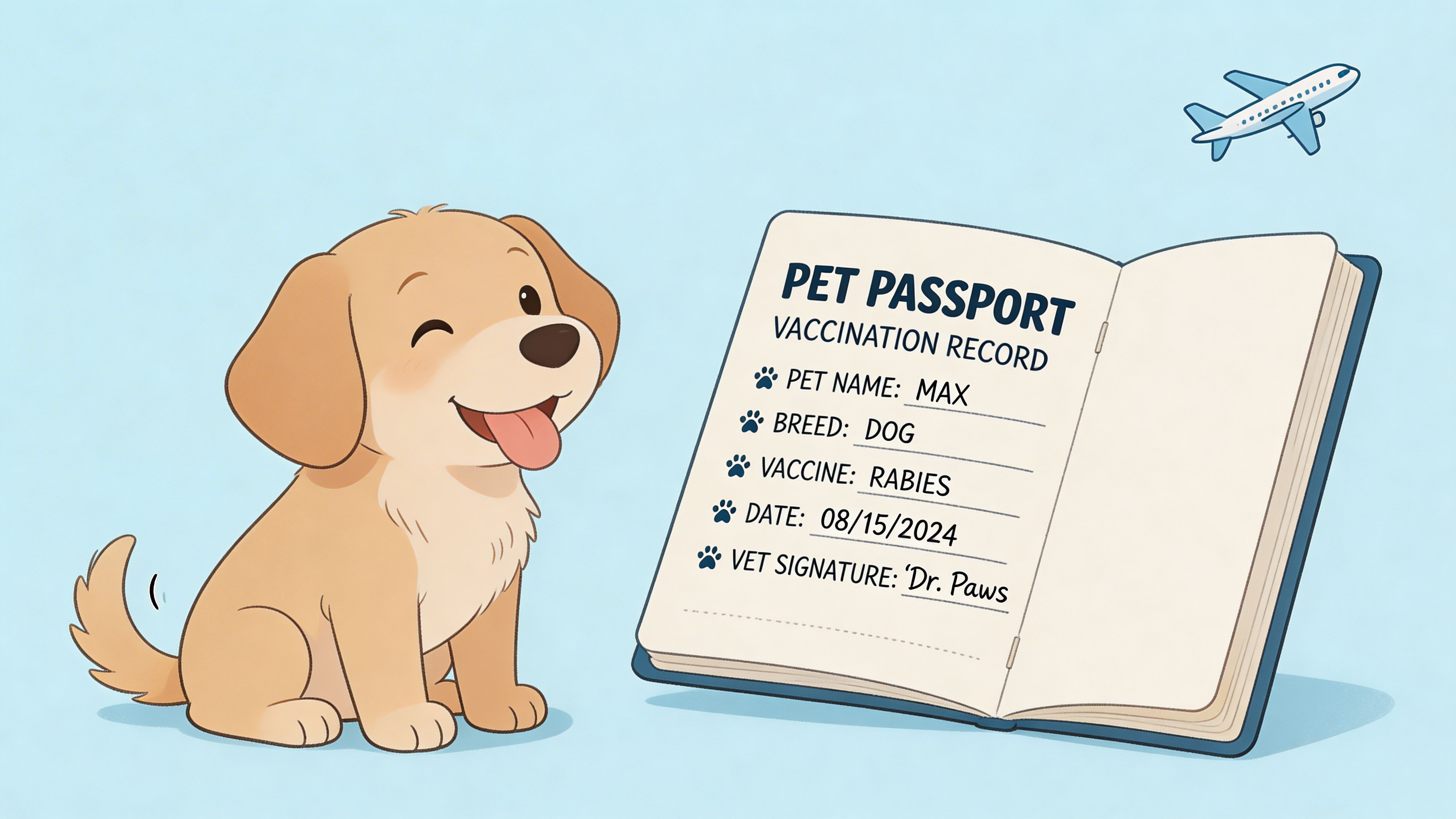 A cute puppy sitting next to an open pet passport with vaccination records for travel.