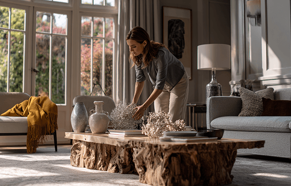 A person wearing a beanie and glasses is working at a computer desk in a sunlit apartment, surrounded by plants, with a cityscape visible through the large windows.