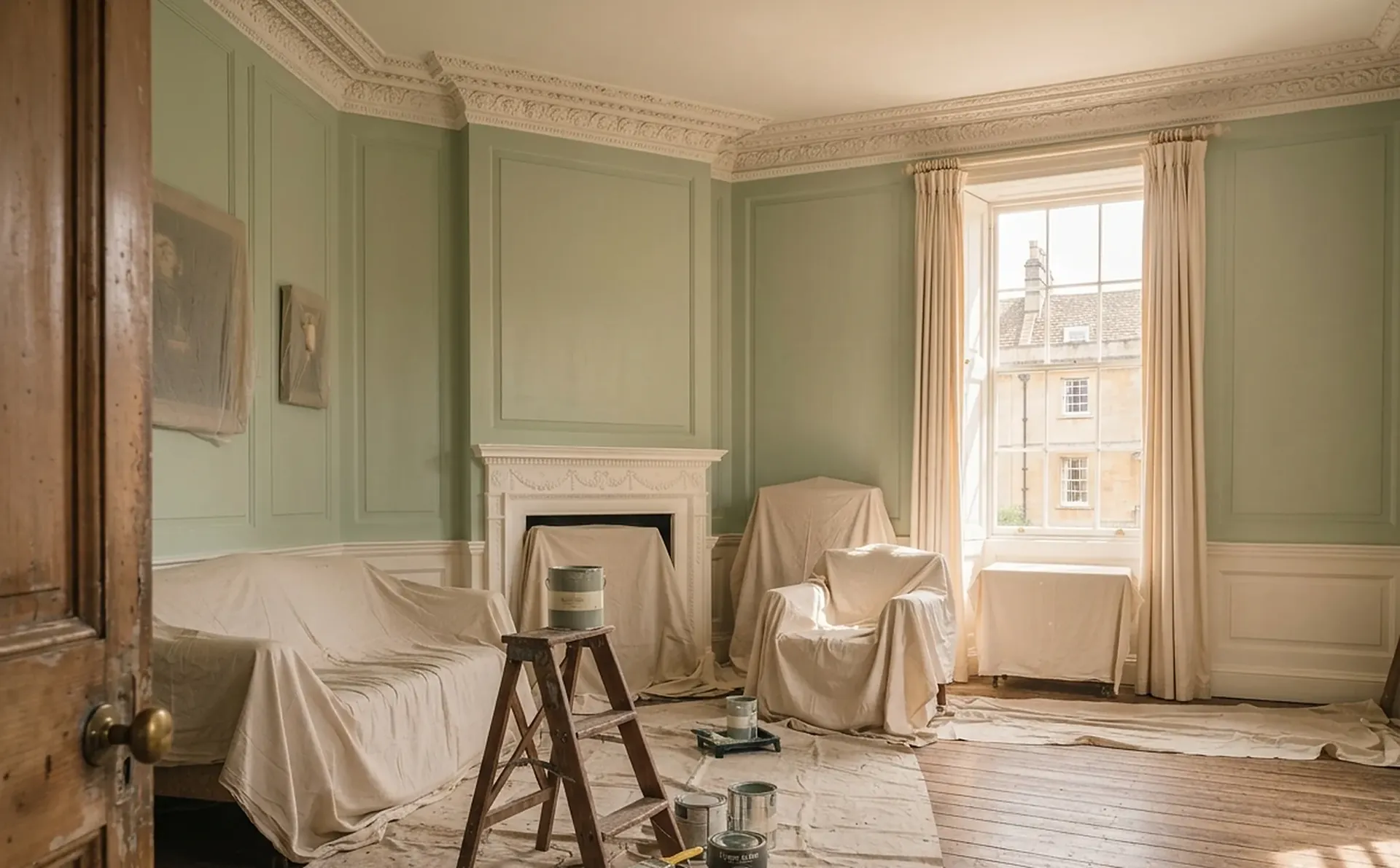 The panelled walls finished in soft sage, with dust sheets and tins still on the floor