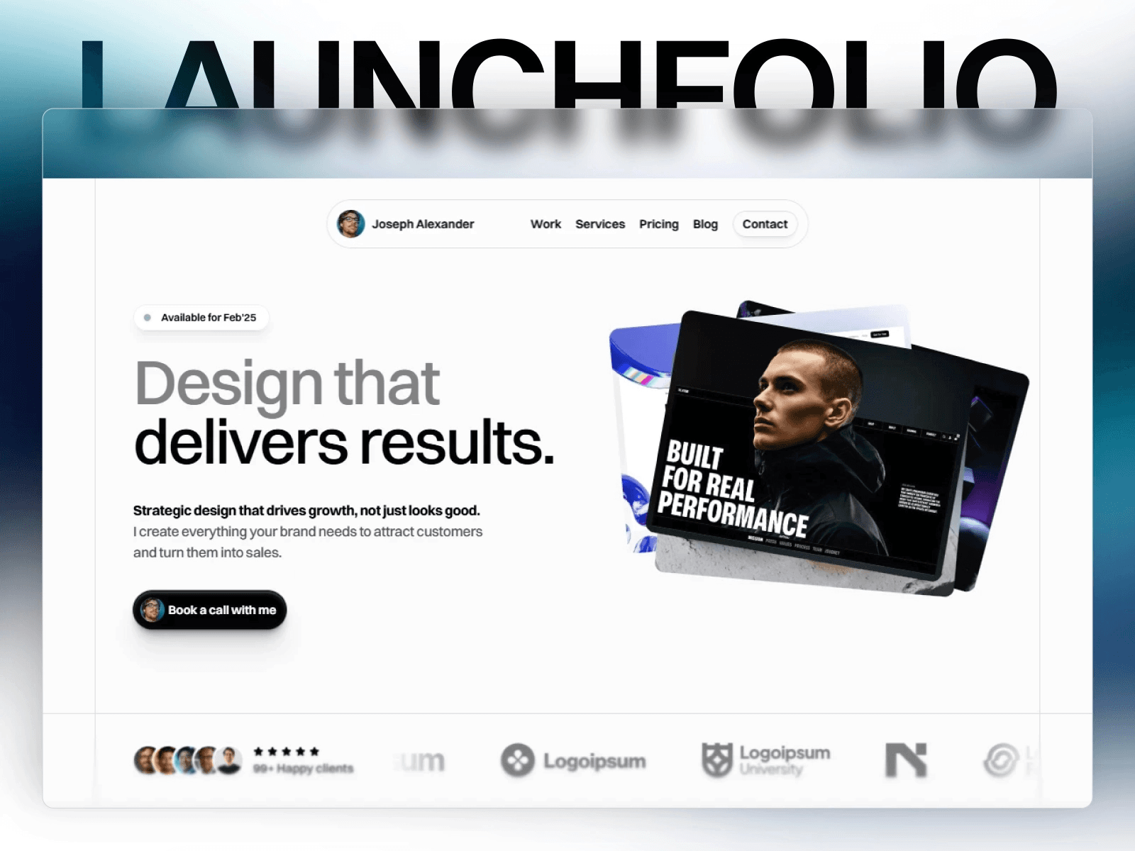A desktop view of the LaunchNow template showing a modern startup landing page structure with a clear hero section and call to action buttons.