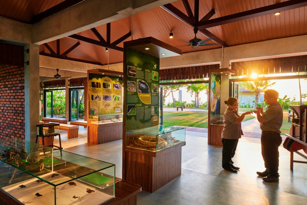 Interior view of a sustainable educational space at Shangri-La Rasa Ria, featuring display cases with information about local wildlife, as two staff members engage in conversation with a sunset view in the background.