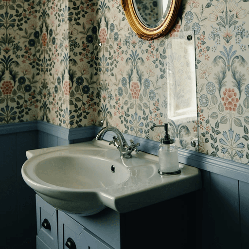A bathroom with floral wallpaper and gold mirror.