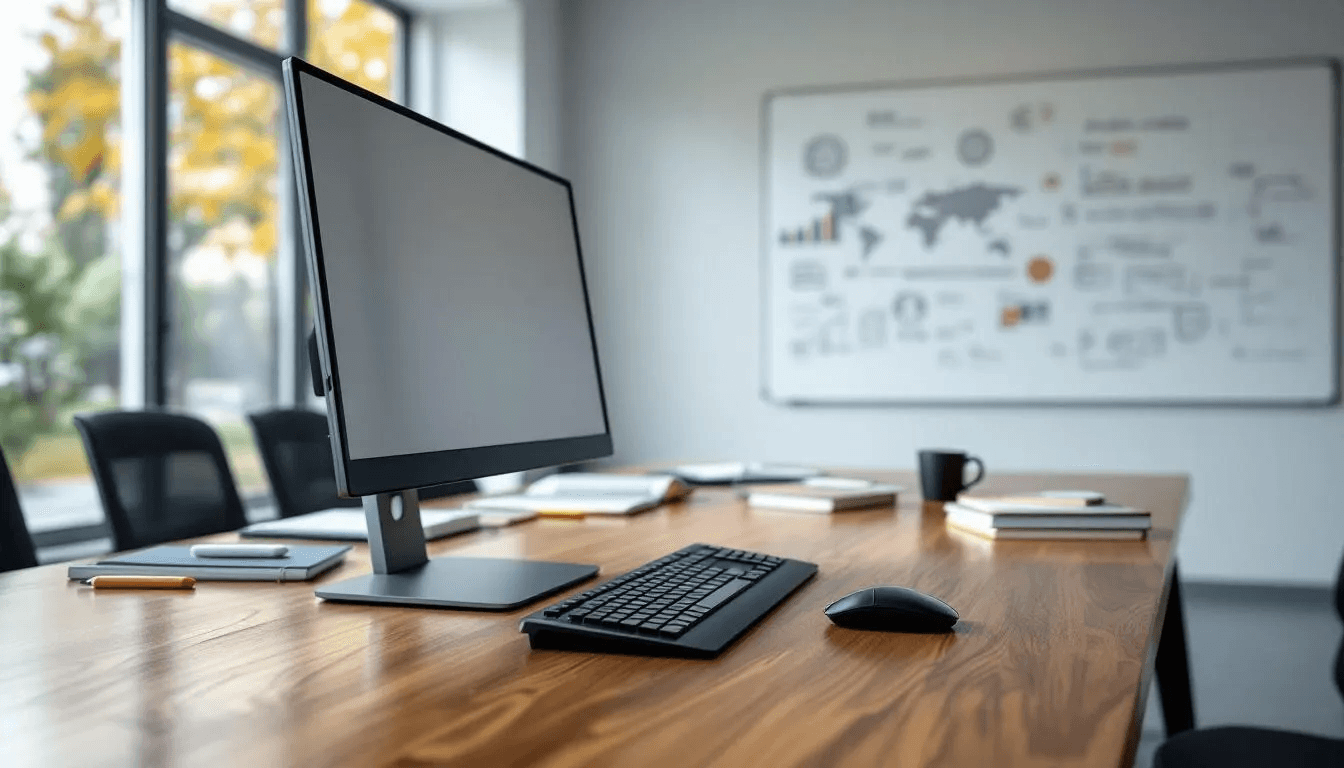 L'image montre un espace de formation moderne avec un ordinateur portable ouvert sur un bureau, entouré de supports pédagogiques variés. Ce matériel est conçu pour accompagner les formateurs professionnels d'adultes dans l'animation de formations et le développement des compétences des apprenants.