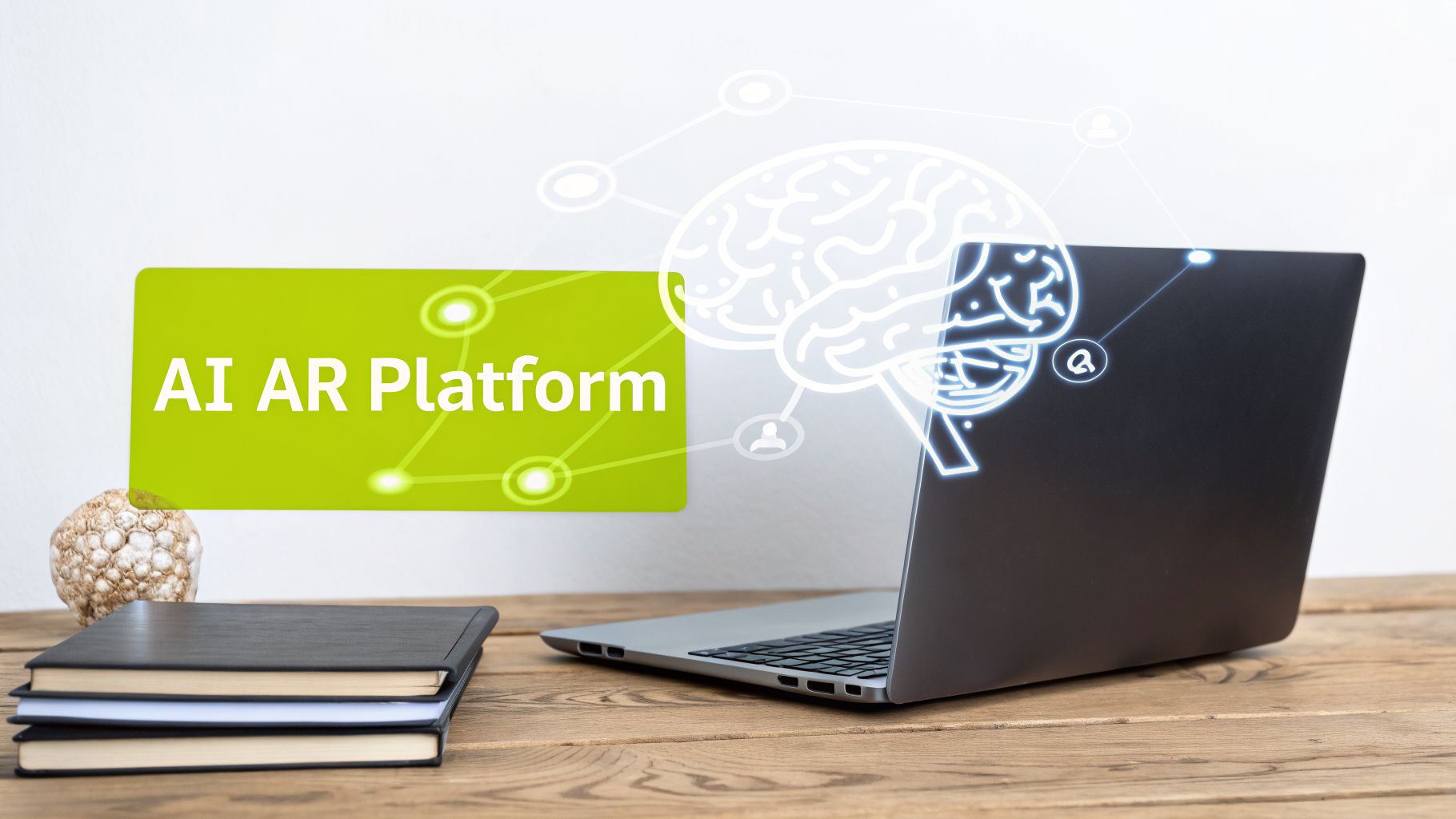 A laptop displaying an AI AR platform text box and a glowing brain graphic on a wooden desk with books.
