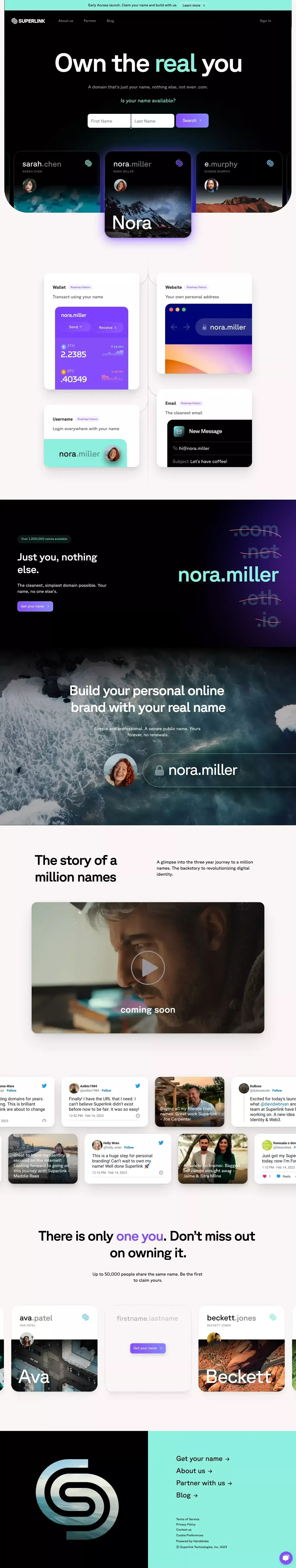 Superlink landing page screenshot showcasing Tech and Marketing design