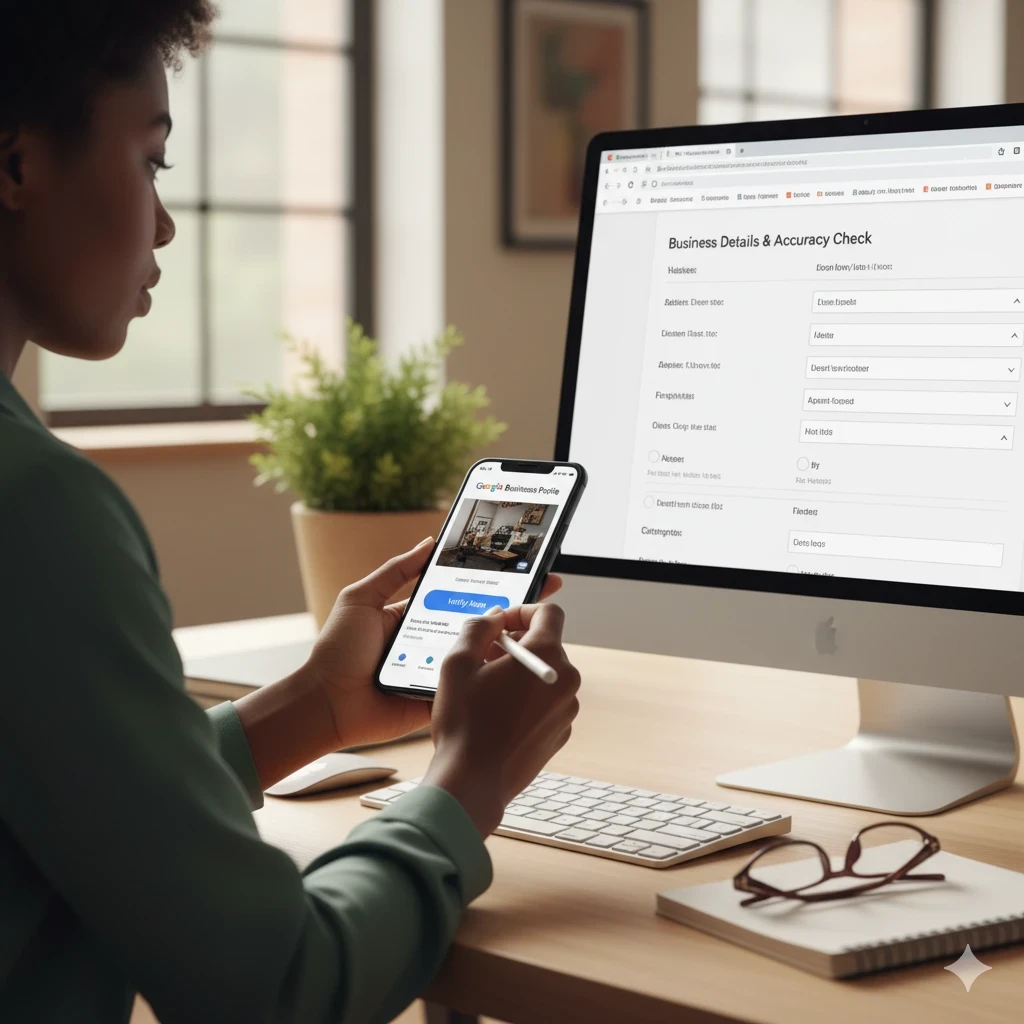 Professional managing Google Business Profile on phone and desktop – RJP.design, Web Design Agency NYC enhancing local SEO, website design, and digital marketing visibility.