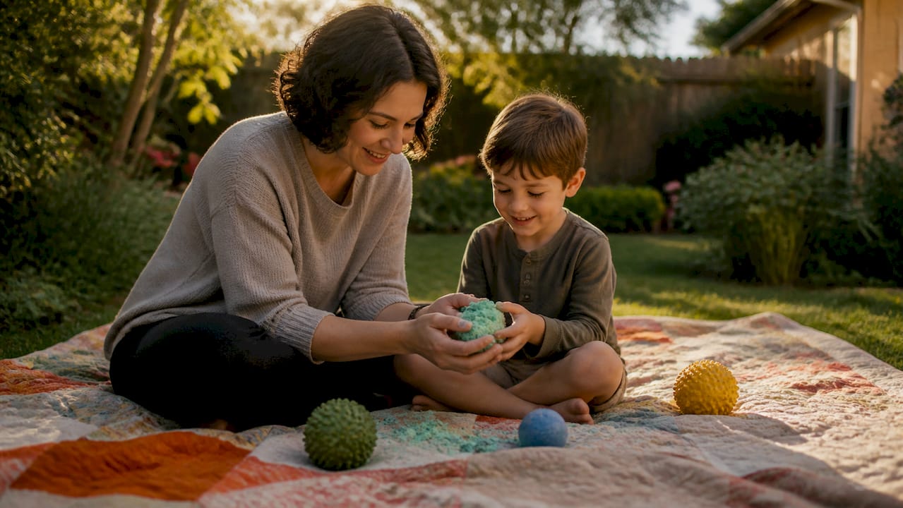 Child and caregiver exploring tactile sensory toys