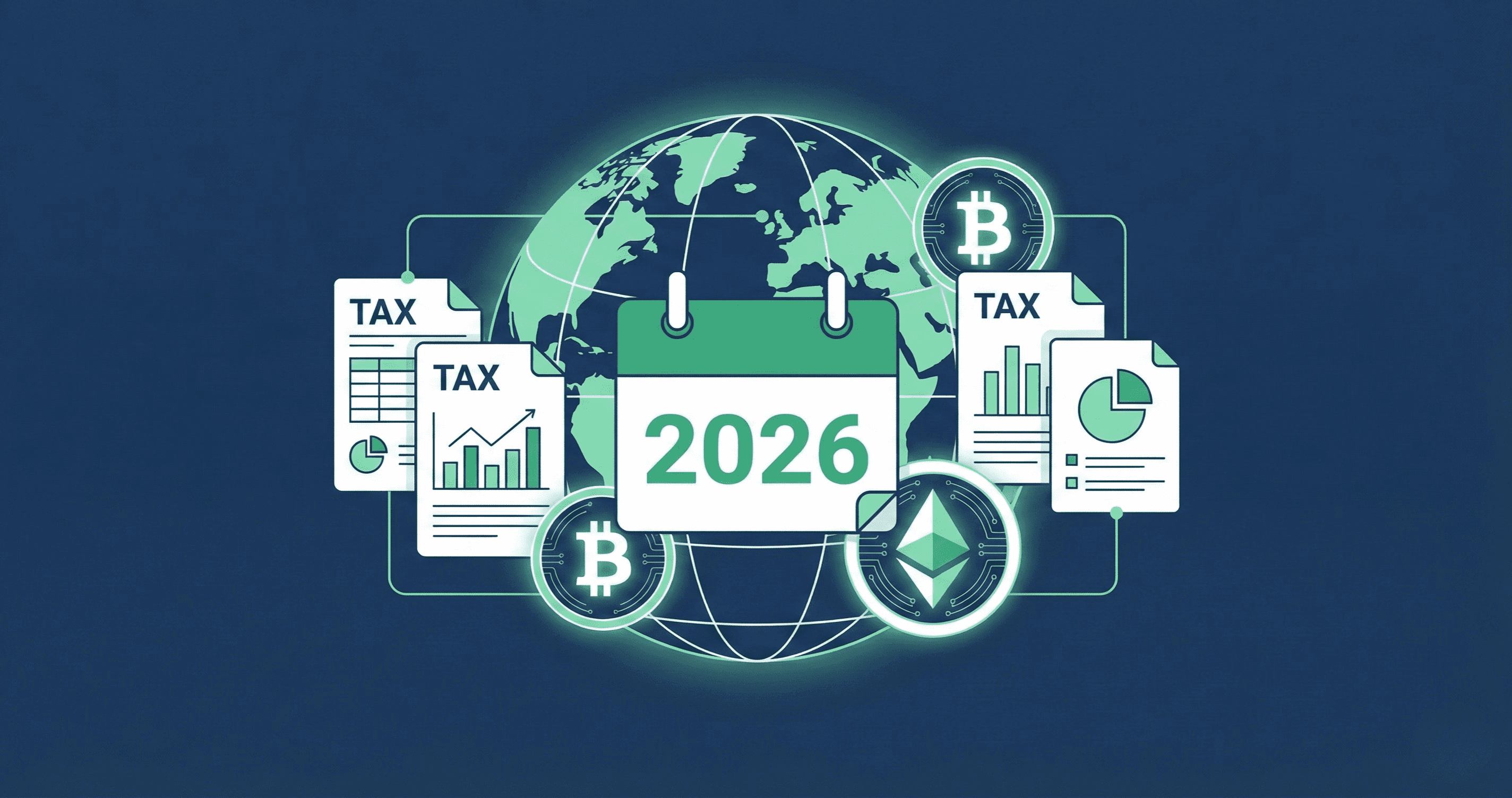 Crypto tax documents and Bitcoin Ethereum symbols with 2026 calendar representing new CARF global tax reporting regulations