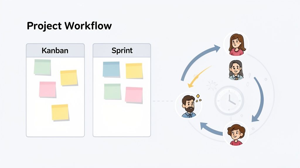 Illustration of a project workflow showing Kanban and Sprint boards with sticky notes, and a cyclical agile team process.