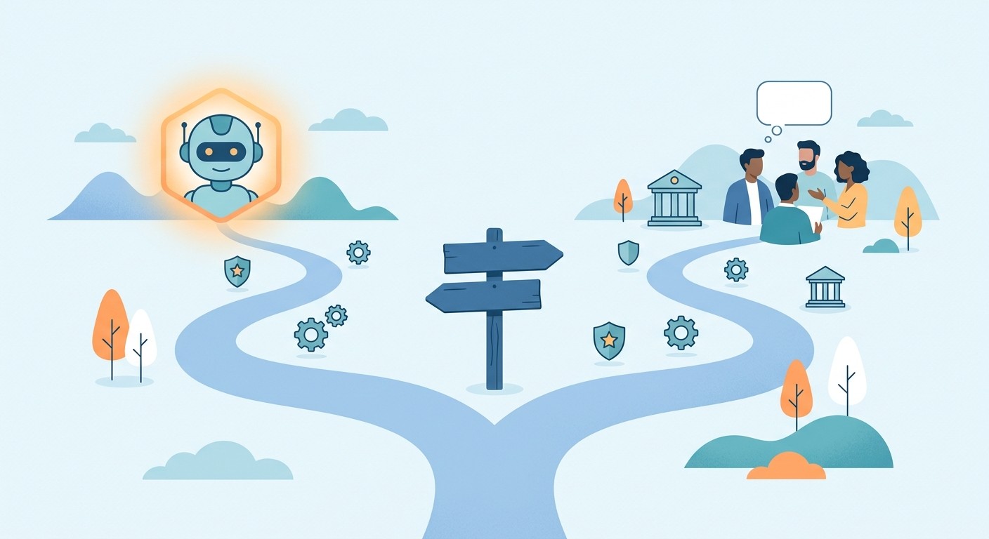 Illustration of a signpost at a fork in the road pointing toward AI development on one side and a human engineering team on the other