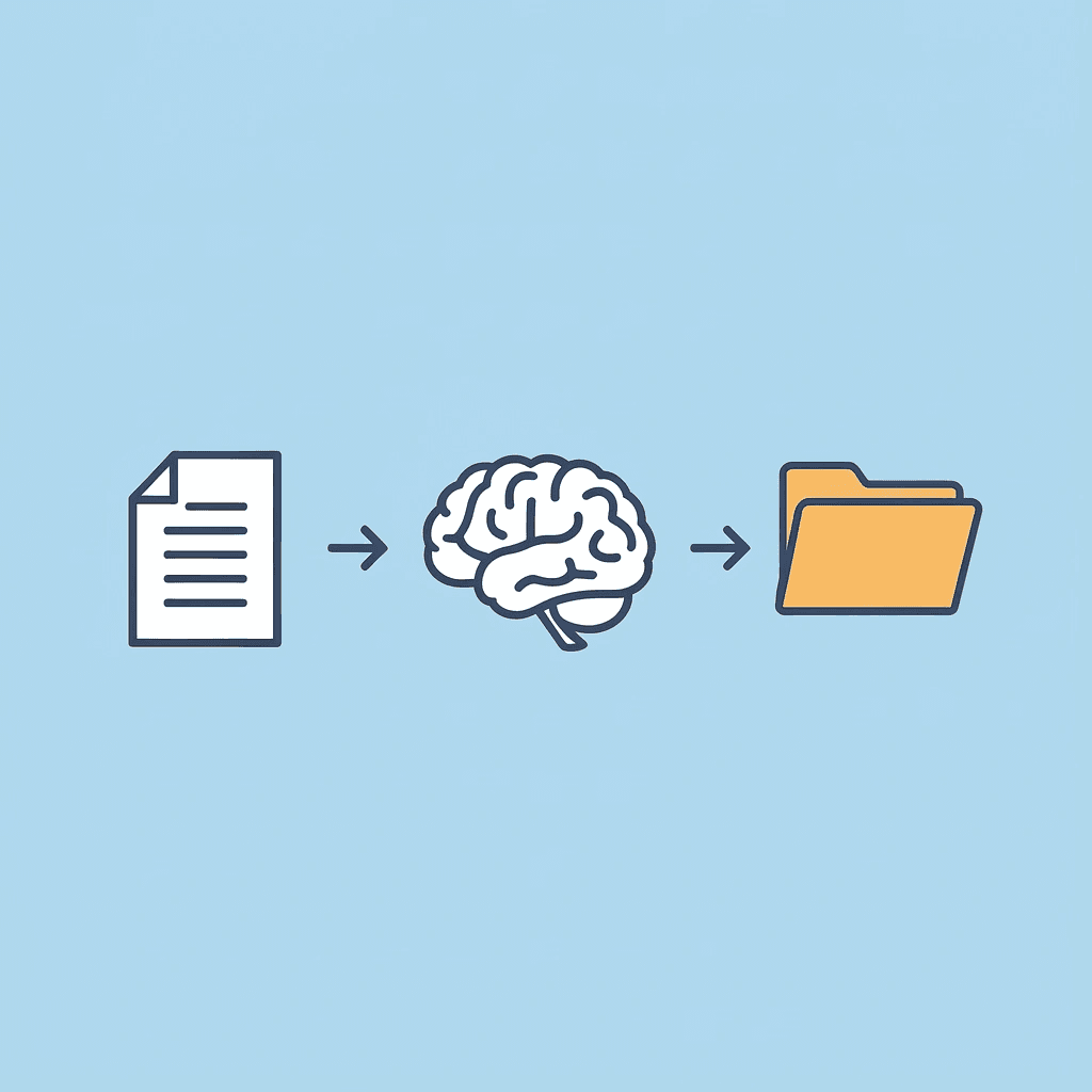 Three steps showing file upload, AI analysis, and automatic organization