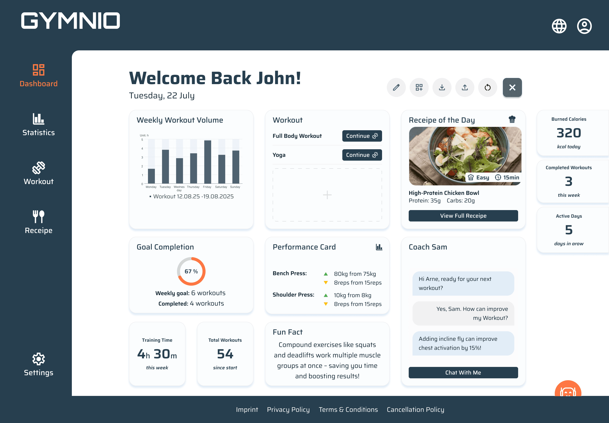 Dashboard der Gymnio-App mit Trainingsfortschritt, Workouts, Rezept des Tages und Coach-Übersicht.
