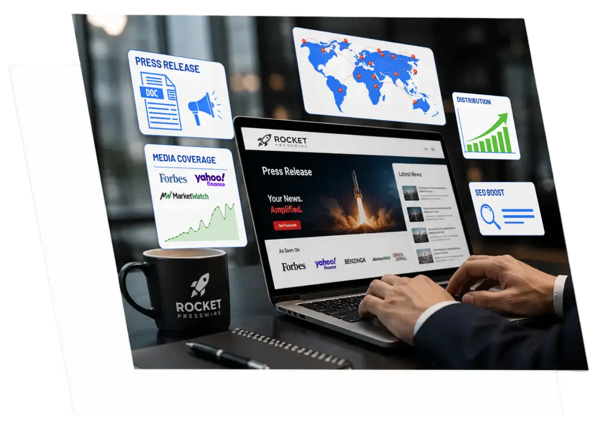 Digital PR workspace with laptop showing a press release, world map, media coverage charts, analytics icons, and hands typing; professional tone.