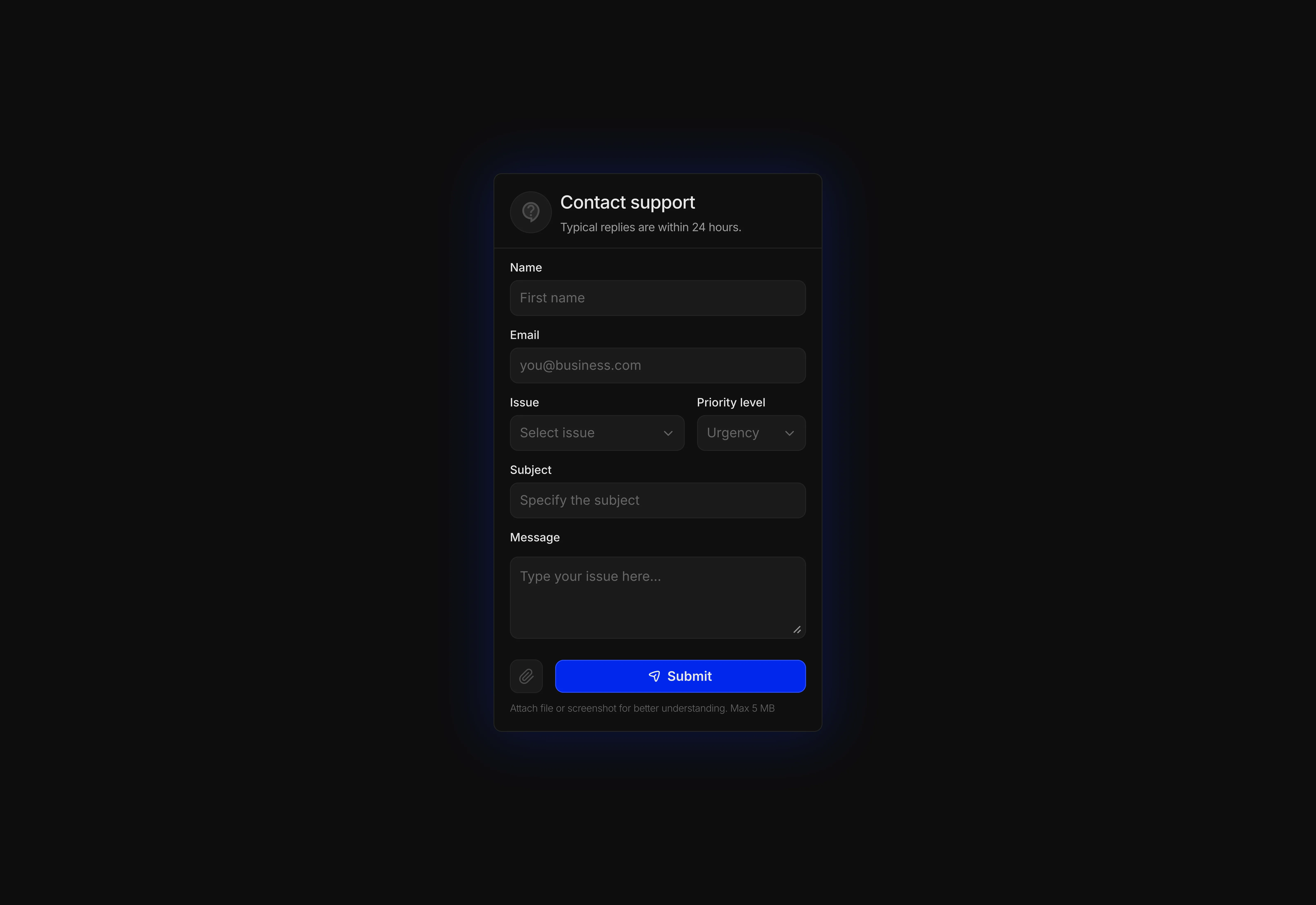 A dark themed contact support form for Framer.