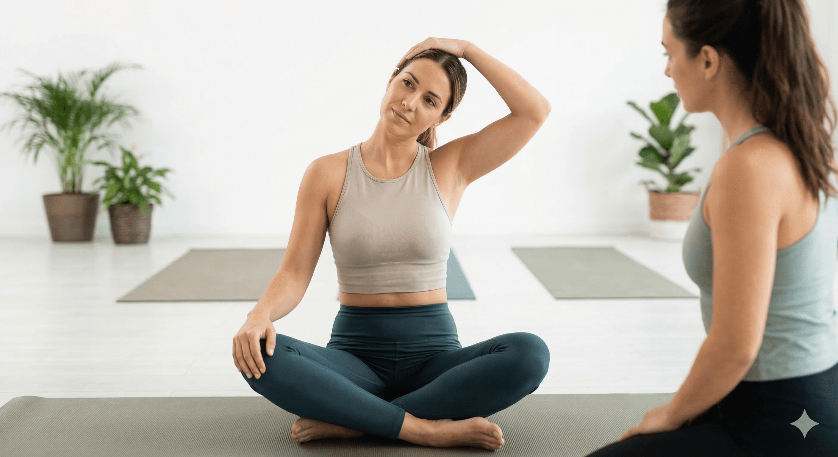 Insegnante di Pilates Pavia che guida un'allieva in esercizi di rilassamento per il collo e la cervicale.