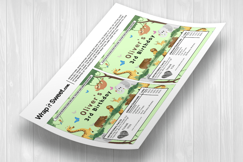 Fun animal zoo birthday chocolate bar wrappers, customizable using Canva for Hershey's 1.55oz bars. Perfect for kids' parties, gifts, and special celebrations!