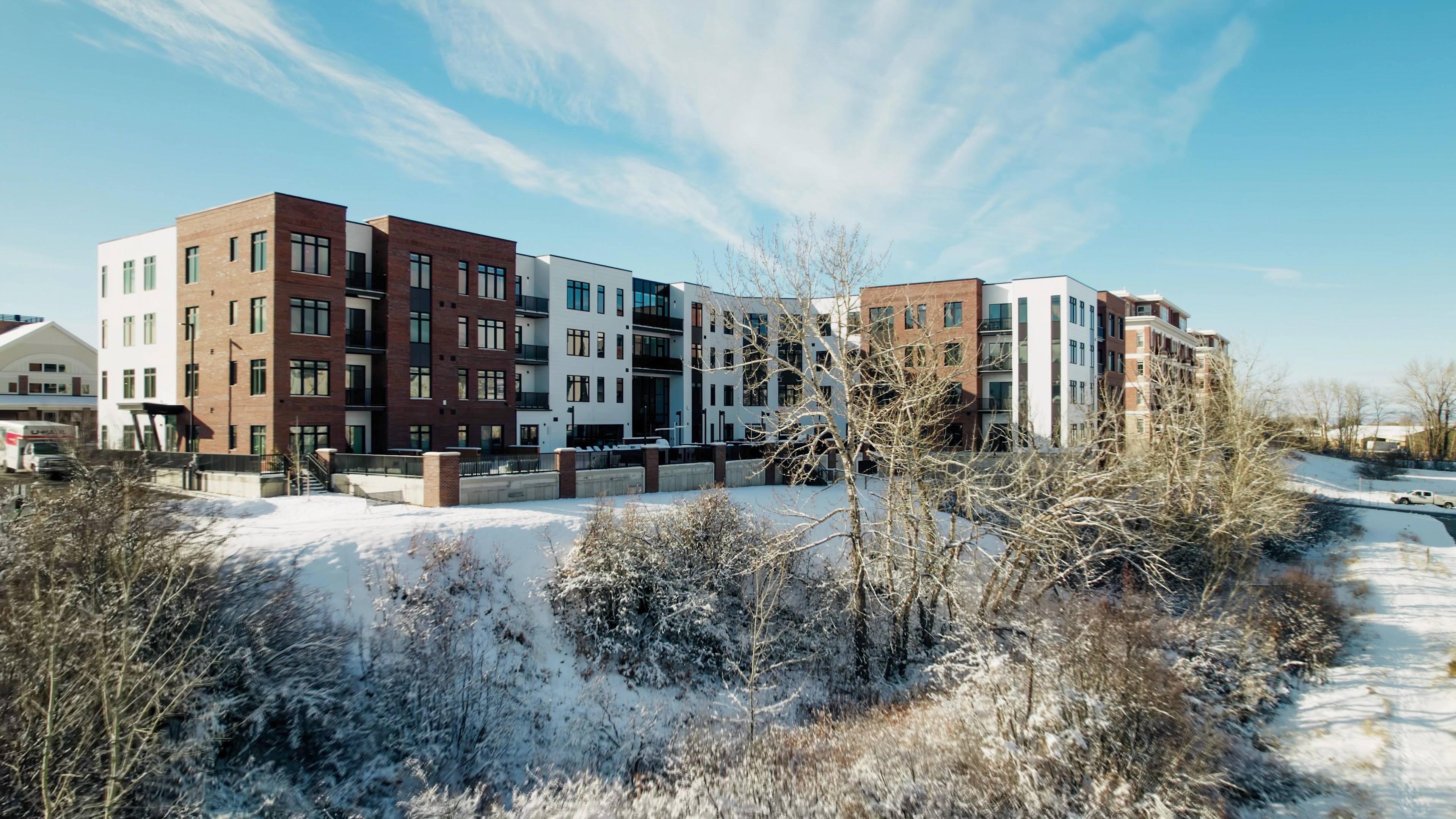 Drone Shot of The Kestrel Apartment Complex In Downtown Bozeman Montana
