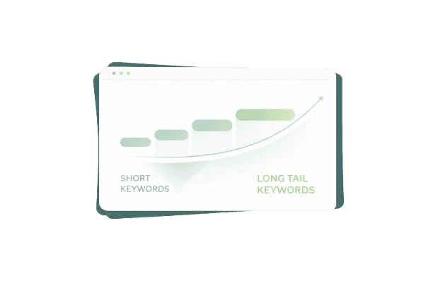 Minimalistic illustration of long tail keywords with a document, magnifying glass, funnel, and rising bar chart inside a white card with green border, representing focused SEO keyword strategy.
