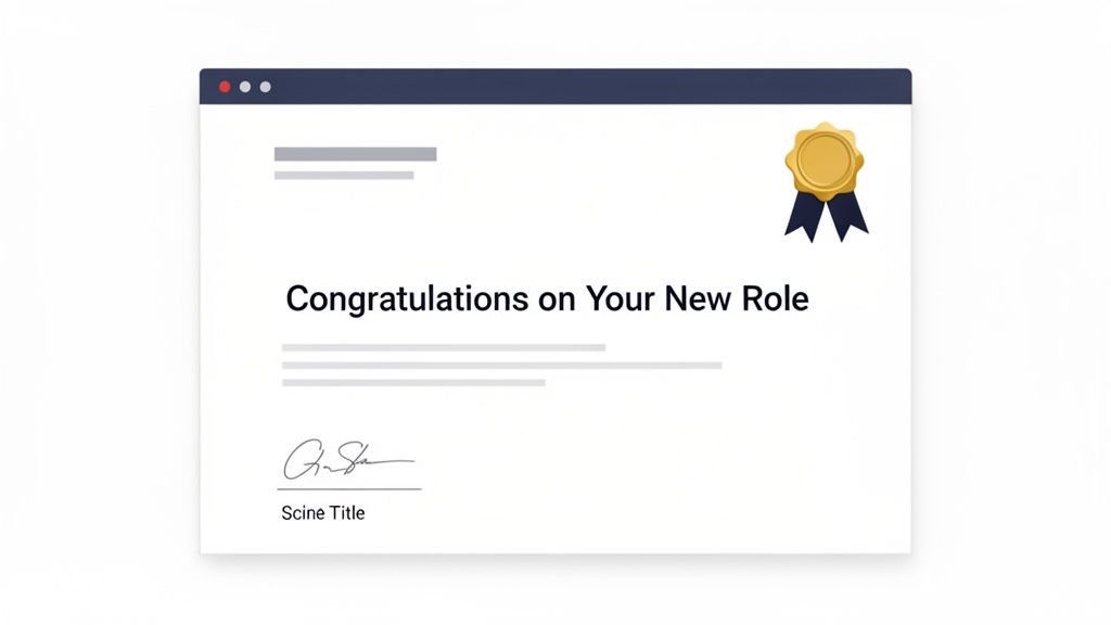 Digital document congratulating someone on a new role, featuring a gold medal ribbon icon and signature.