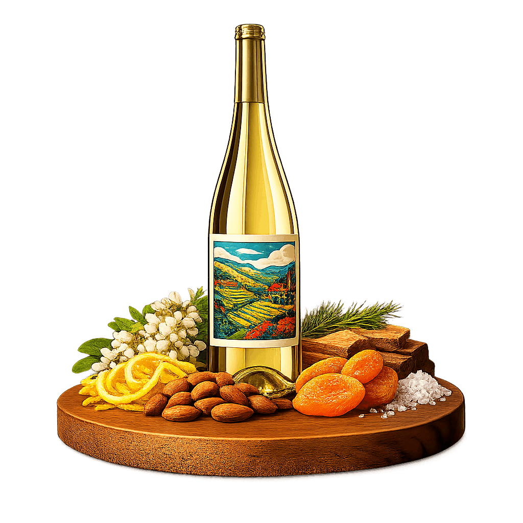 Artistic label and flavor profile for Slovenian Rebula on a rustic wooden table.