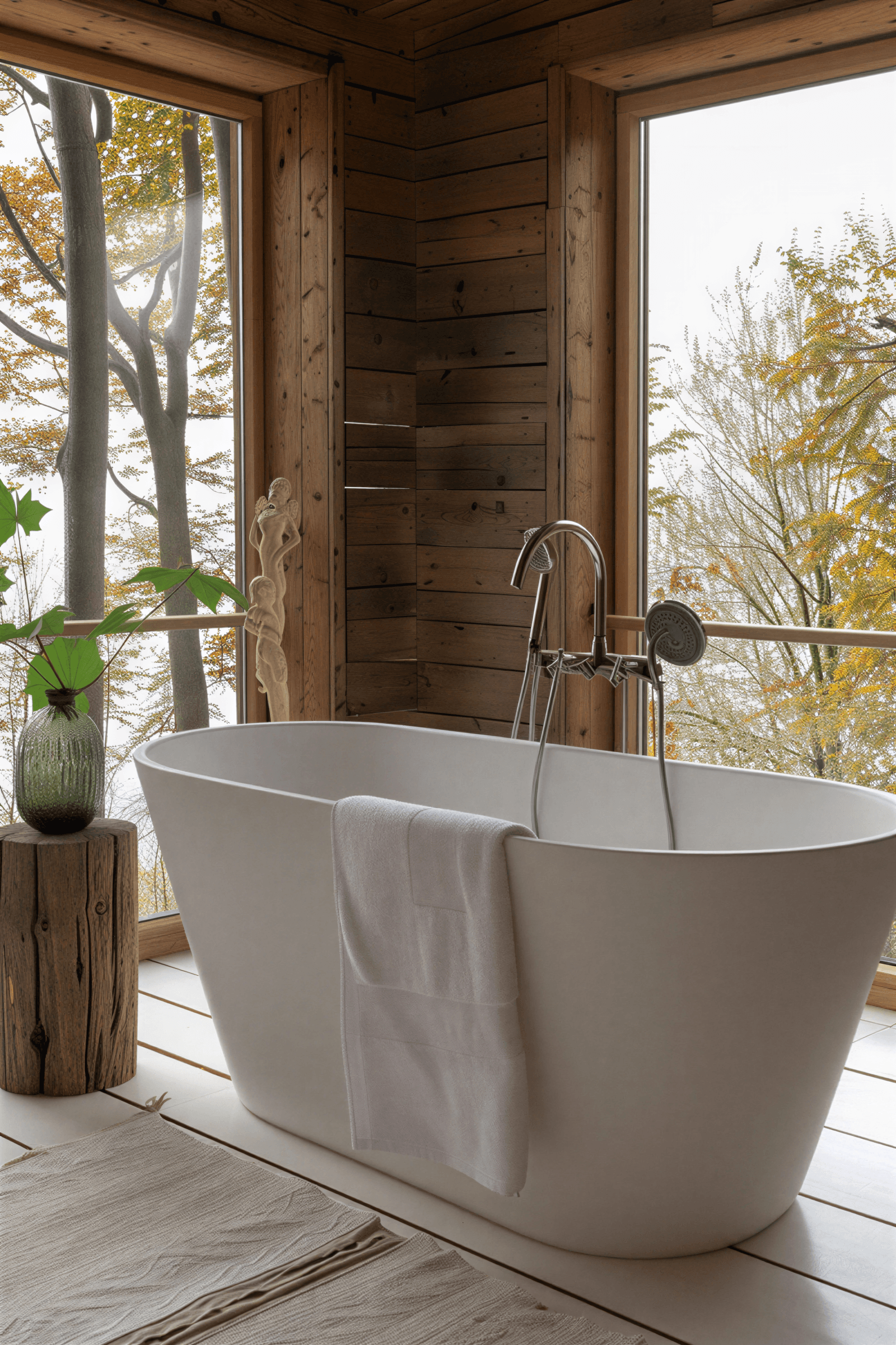 Freestanding white bathtub by large windows with lake and autumn tree views, modern chrome fixtures, rustic wood plank walls