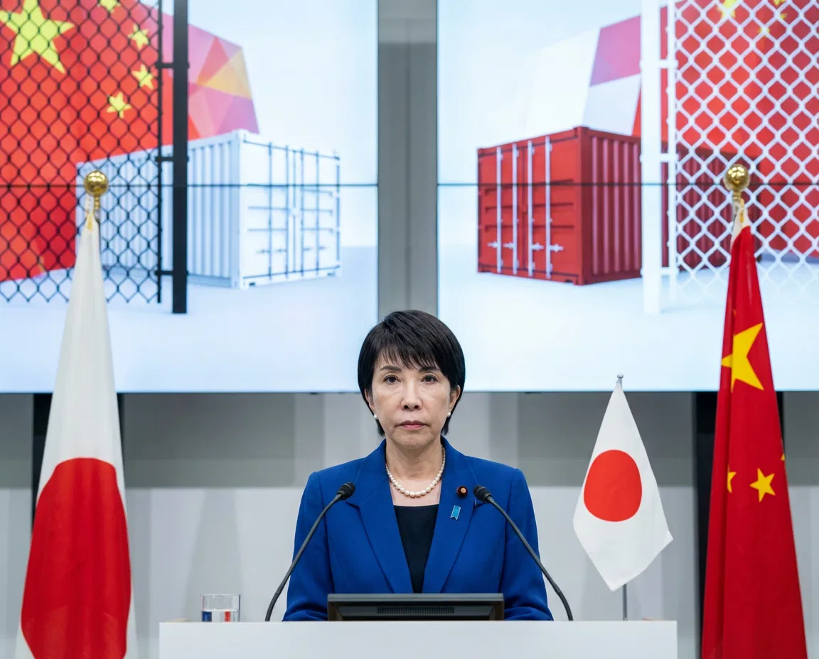 Portrait of Sanae Takaichi with abstract visual elements symbolizing Japan China diplomatic tensions