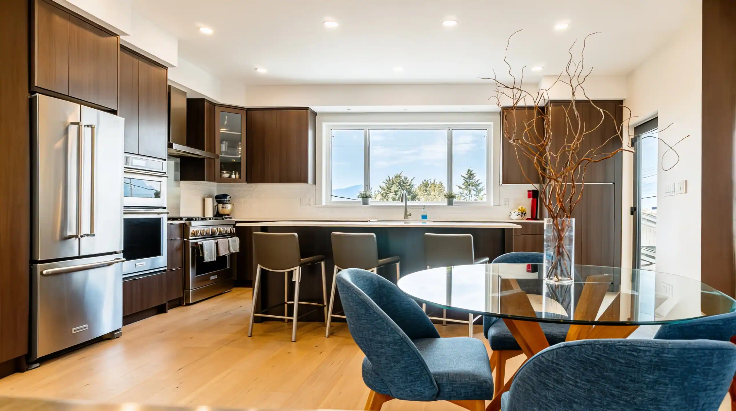 Spacious kitchen island with bar seating, dark cabinetry, and open concept layout in Vancouver Custom Homes Burnaby project
