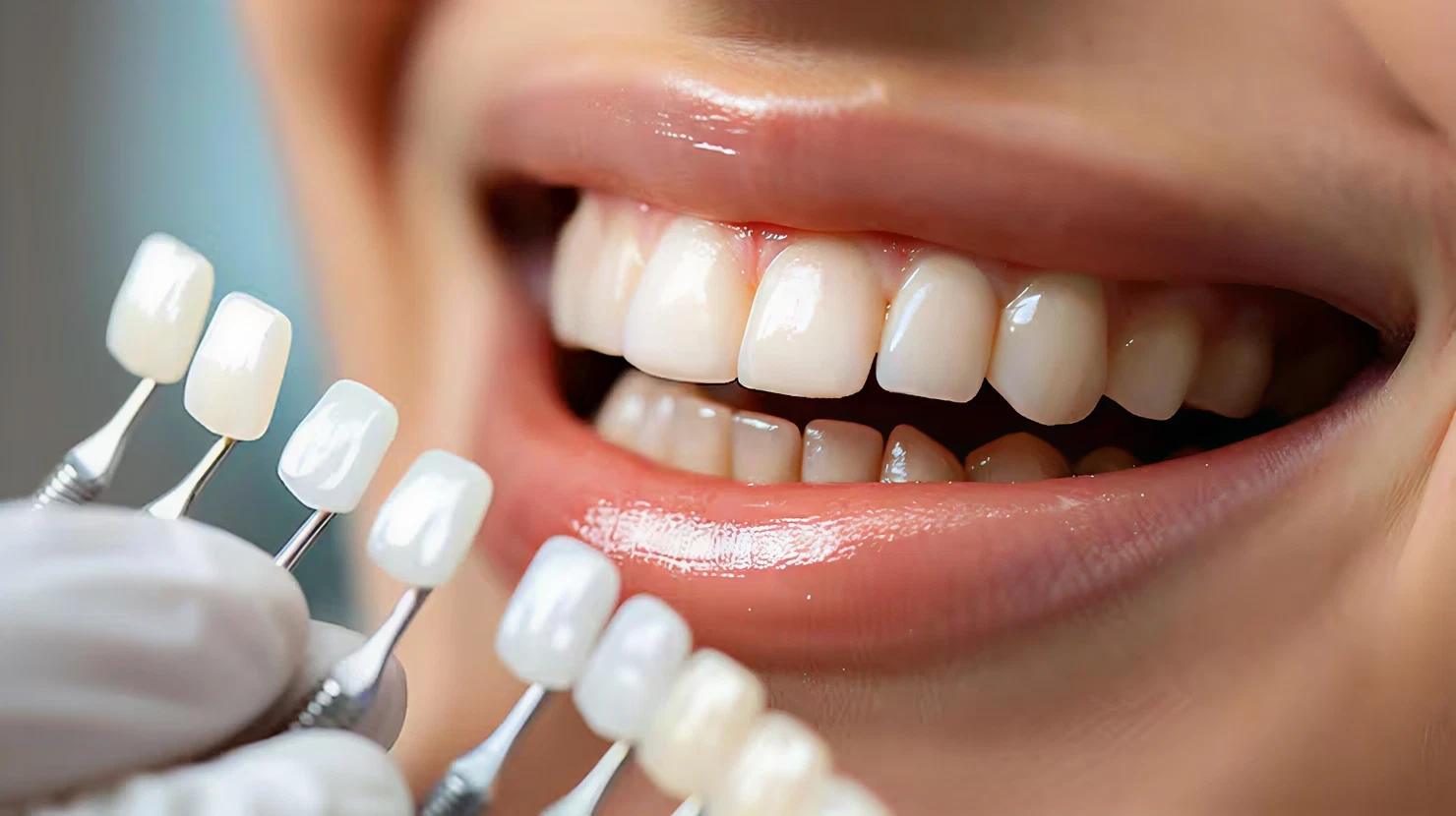 ooth whitening shade guide being held near a woman's smile to compare natural tooth color.