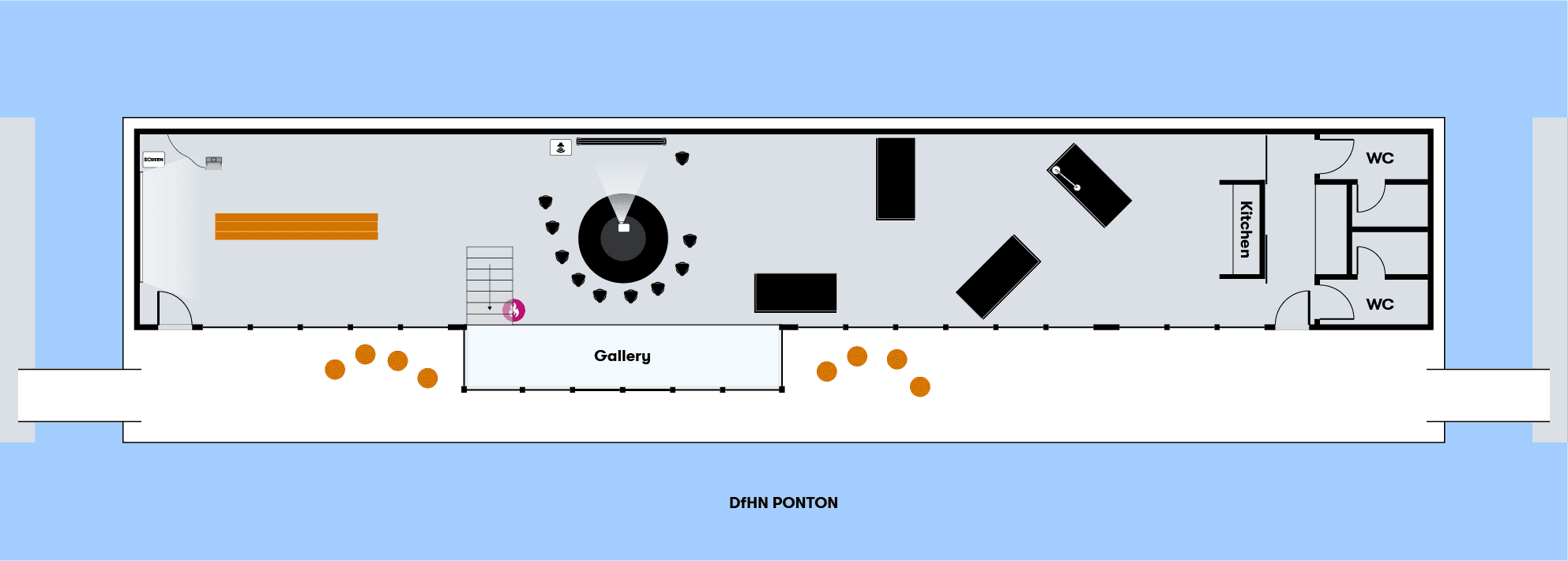 Grundriss vom Ponton mit einegezichneter Austattung.