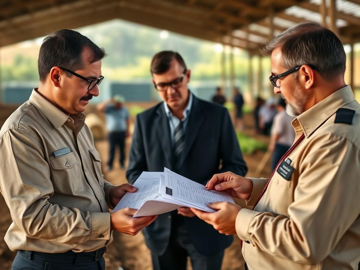 Farm workers and supervisor reviewing compliance